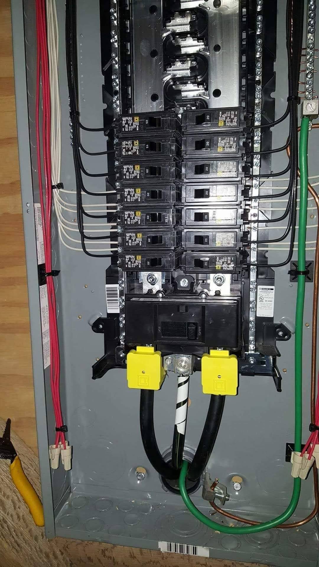 Interior of a residential electrical panel with neatly routed and labeled circuit wiring