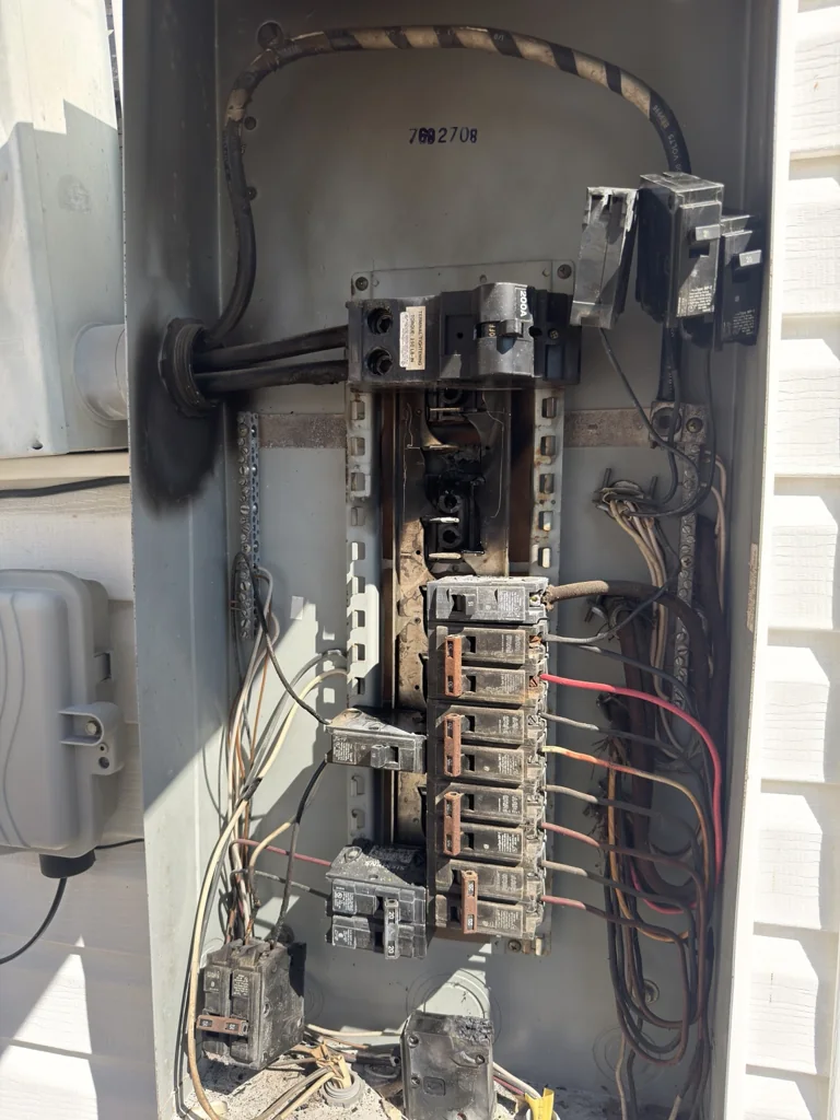 Existing electrical panel in Surgoinsville, TN with damage visible at the breaker bus connection