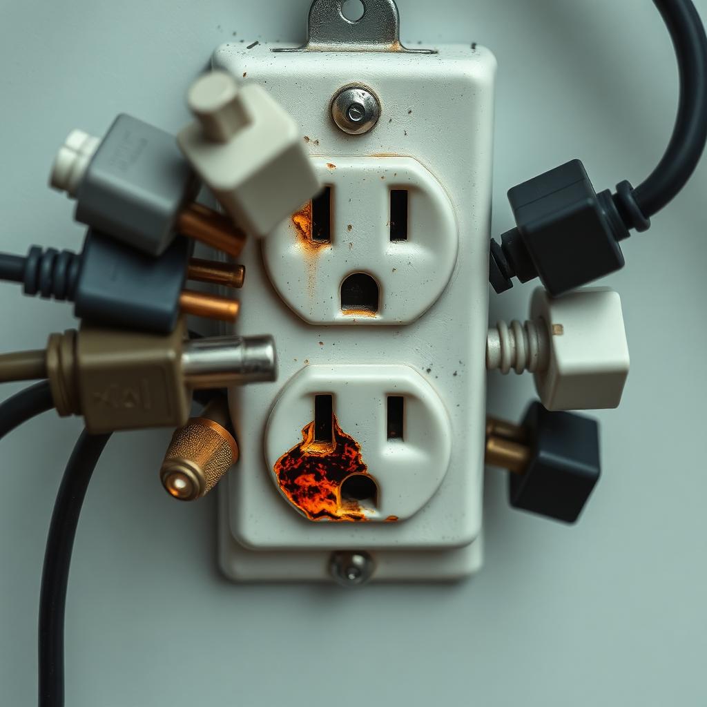 Overloaded outlet with too many plugs and a scorched receptacle face