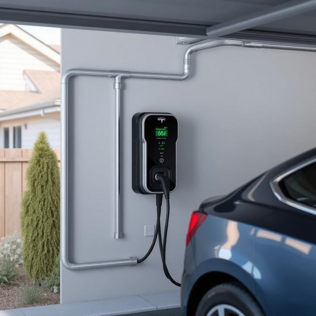 Level 2 EV charger installed in a residential garage with a vehicle plugged in
