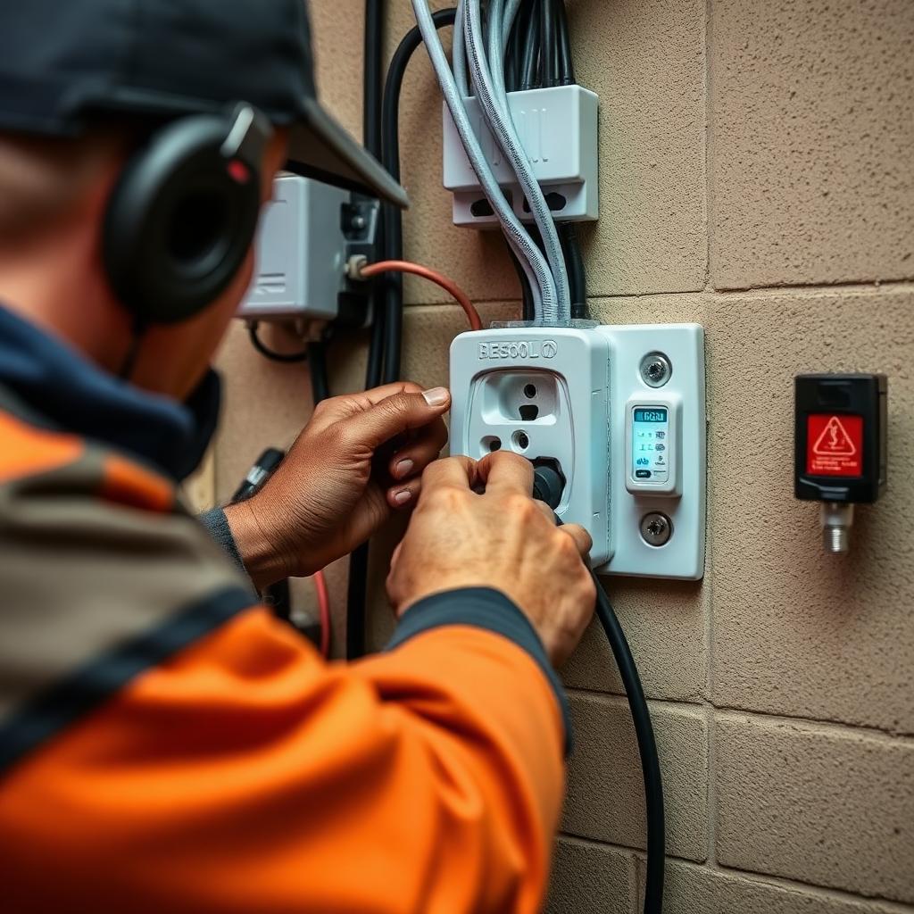Electrician wiring a 240V NEMA 14-50 outlet for EV charging