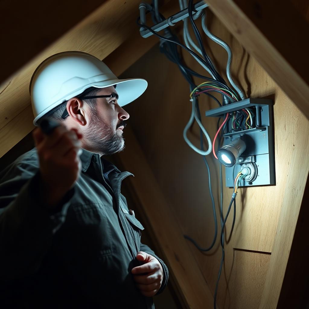 Electrician checking attic junction boxes and wiring with a flashlight
