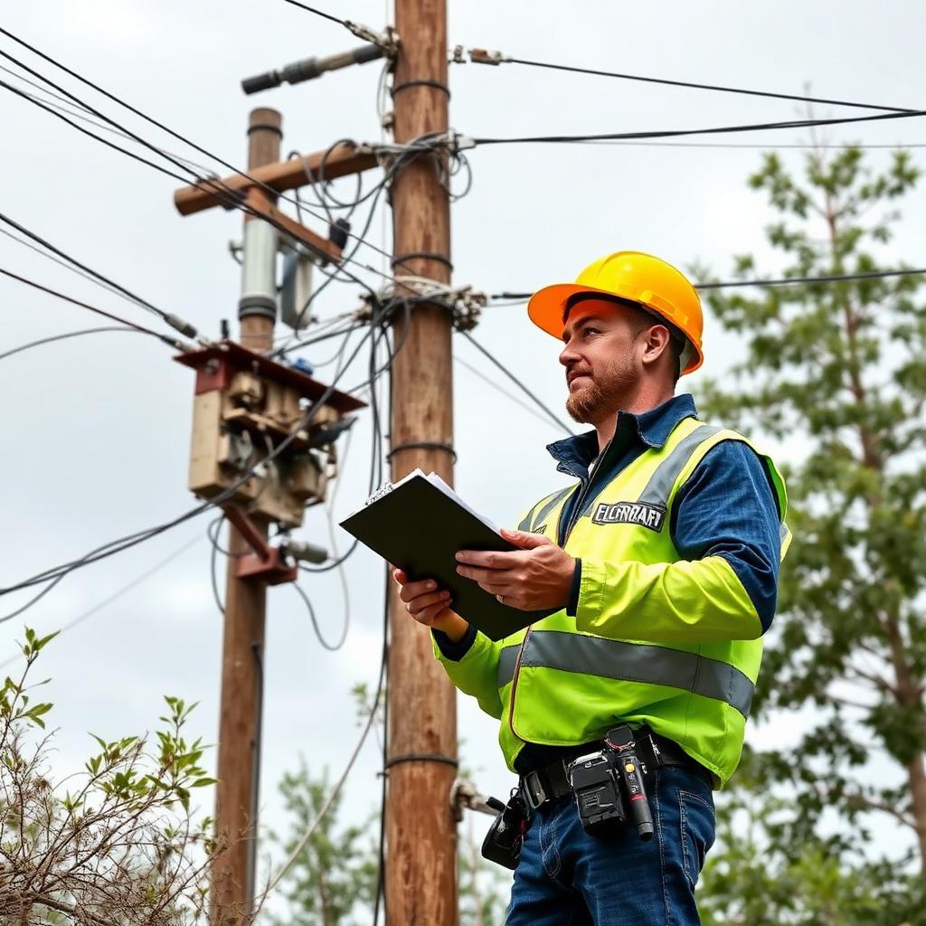 Electrician documenting damaged service mast with a clipboard and camera