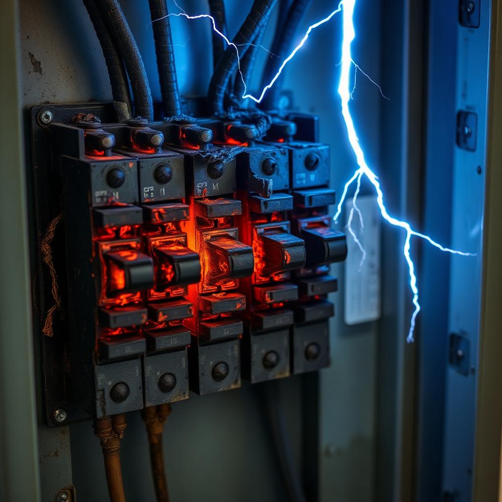 Lightning strike damage to a residential electrical panel with burned breakers