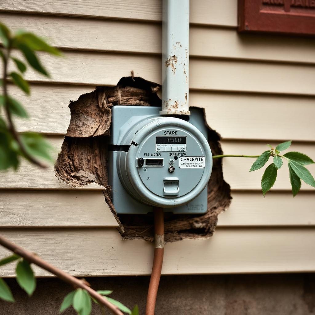 Storm damaged meter base ripped from the siding of a home after a tree fall