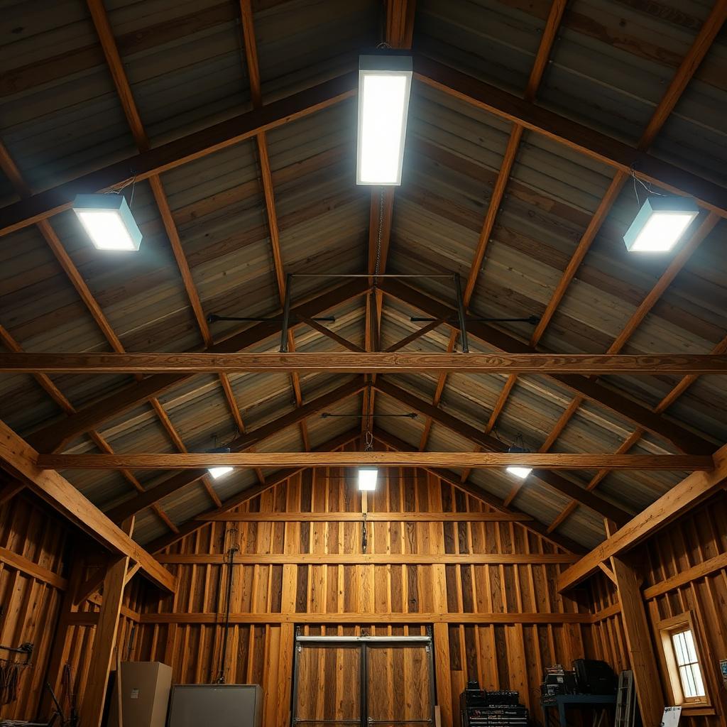 LED shop lighting installed in a rural pole barn workshop