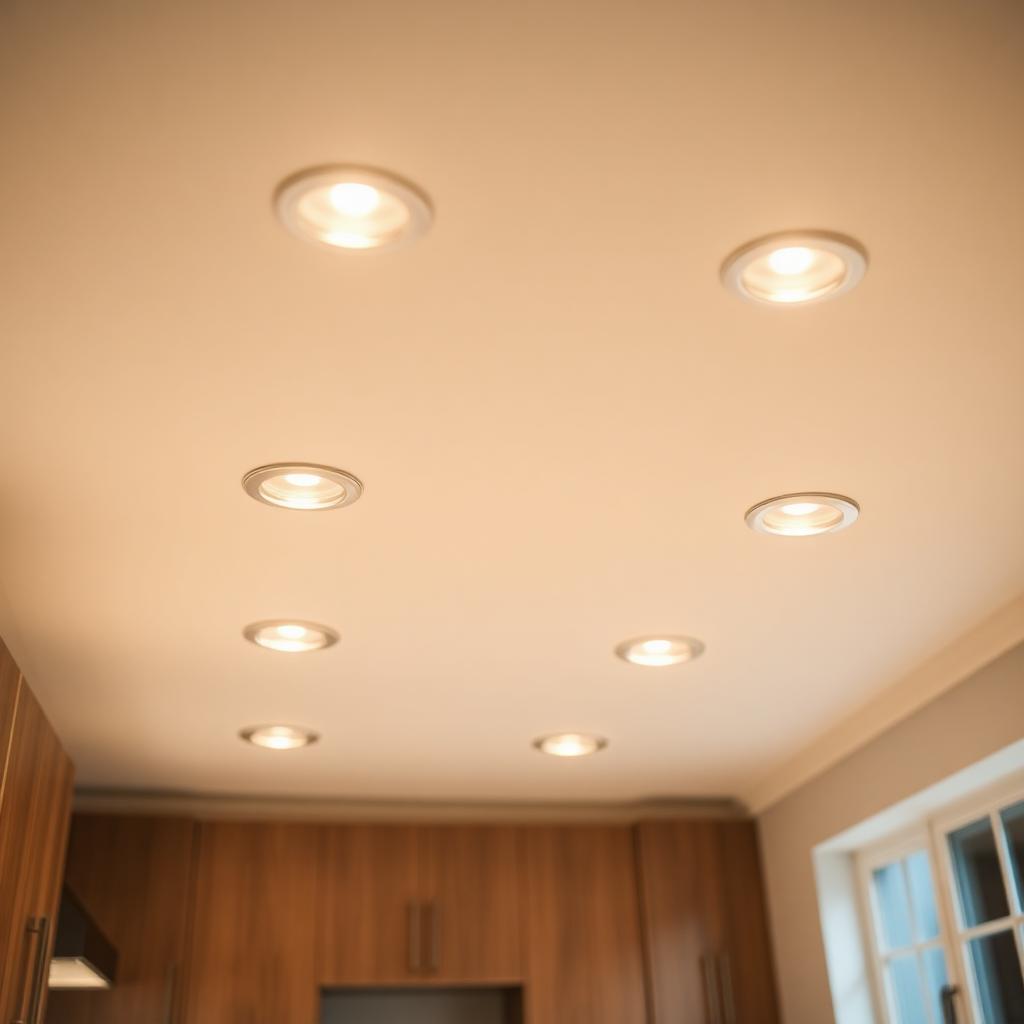 Recessed LED can lights installed in a modern farmhouse kitchen ceiling