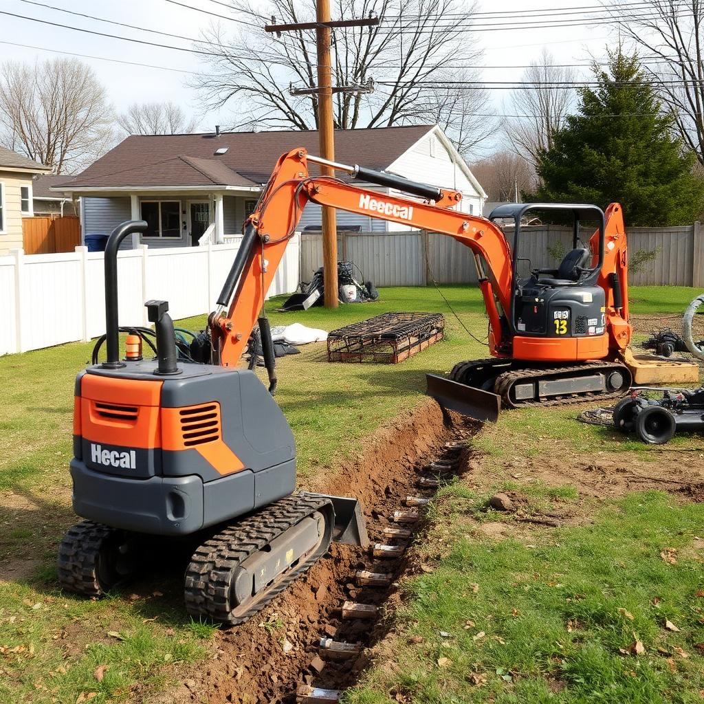 Mini excavator digging an electrical utility trench across a yard